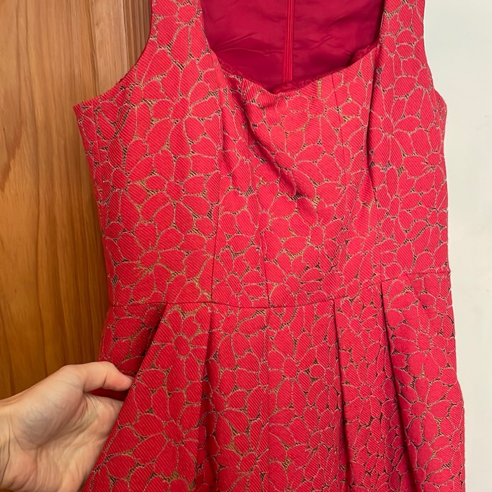 Shoshanna Dress Damask Red Gold Corset Pockets Fit and Flare Sleeveless